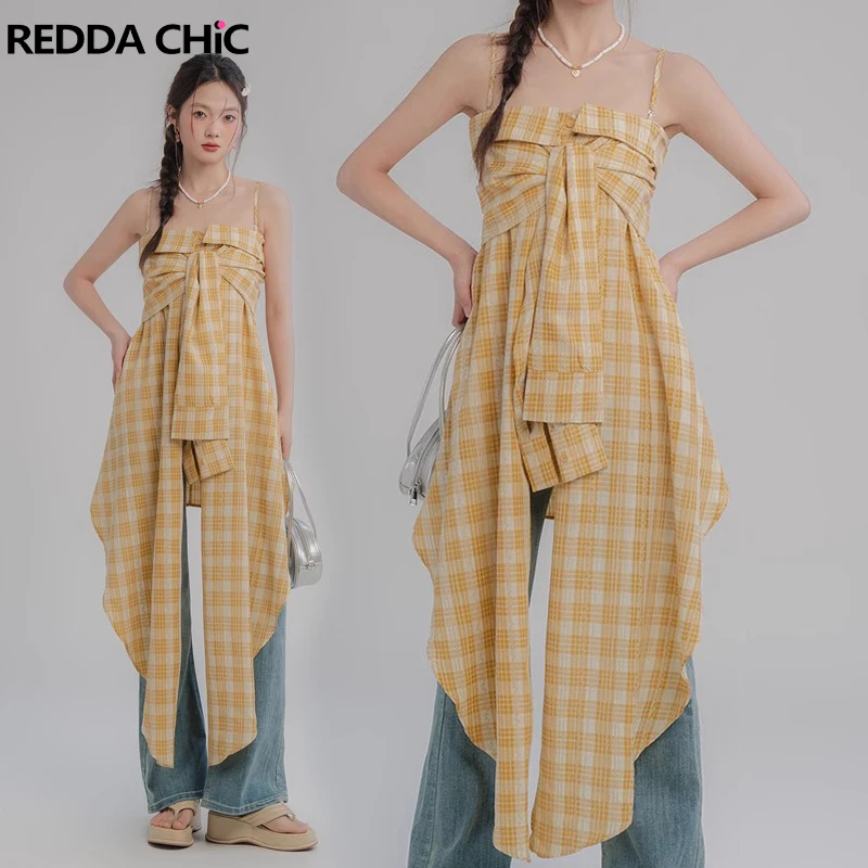 

ReddaChic Irregular Ruffle Hem Plaid Shirt Women Vintage Sleeveless Single-breasted Blouse Top Summer Camisole Korean Streetwear