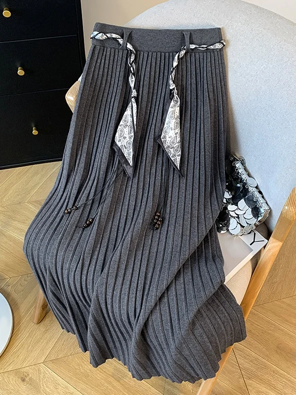 Falda Midi de punto suave de cintura alta para mujer Otoño Invierno nueva falda Maxi plisada de mezcla de algodón versátil adelgazante
