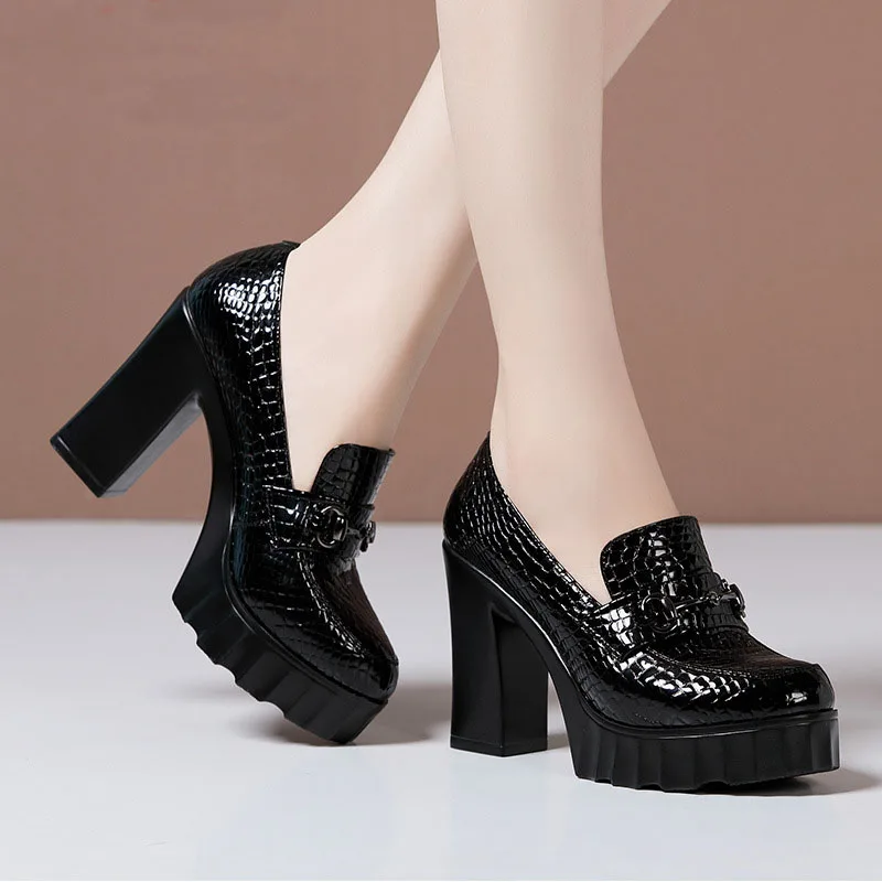 Plus Size 32-43 Genuine Leather Block Heels Pumps Women Platform Shoes 2022 Spring Fall High Heels Elegant Office Model Shoes