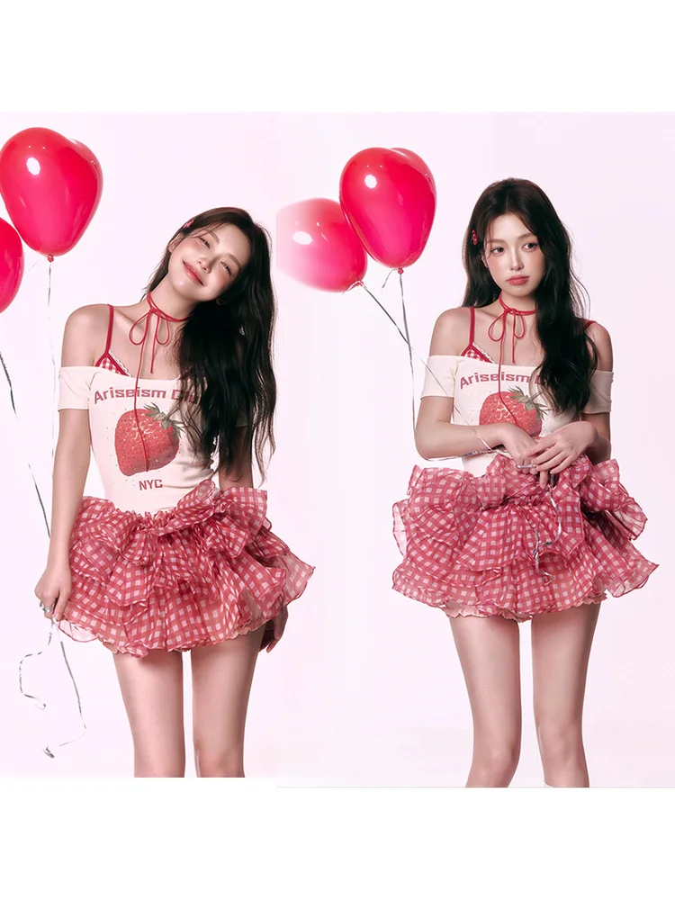 

Pink Plaid Splice Halter Dress Vest Dress Cake Dress Princess Dress Studio New Style Costume Women's Ethnic Wear Stage Costume