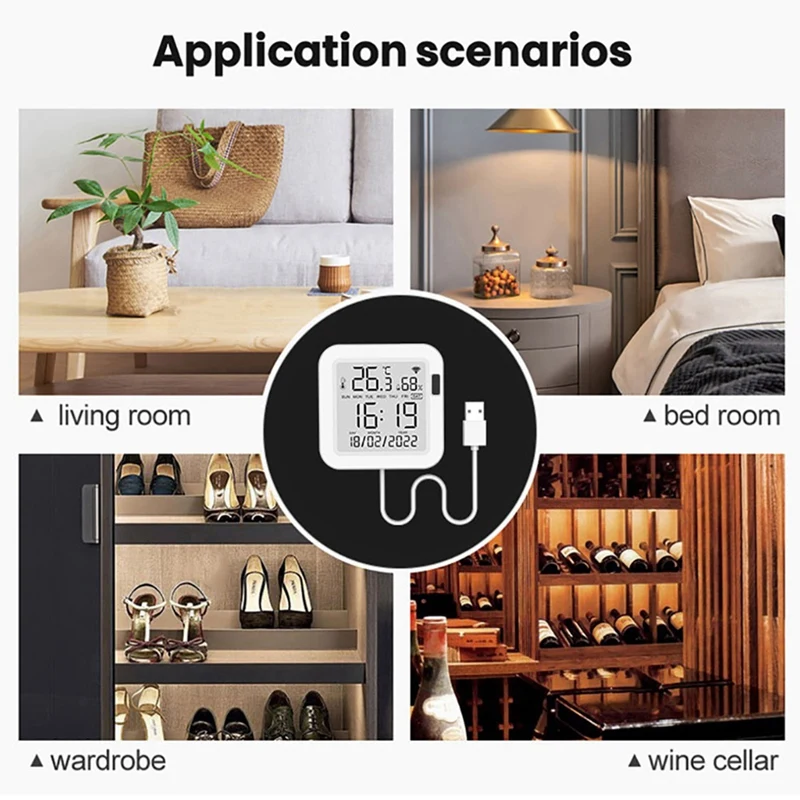 Tuya Temperatura e Umidade Sensor Inteligente, Retroiluminação para Casa Inteligente, Wi-Fi, Tuya, Funciona com Alexa Assistant