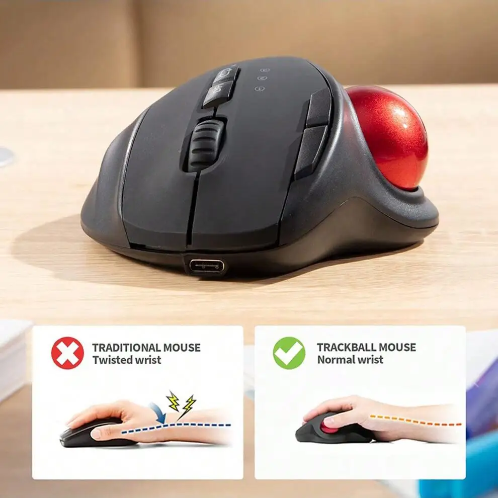 Ergonomic Bluetooth&2.4G Wireless Trackball Mouse with 2400DPI,Rechargeable 7 Button Wireless Optical Mouse for Window/Mac OS