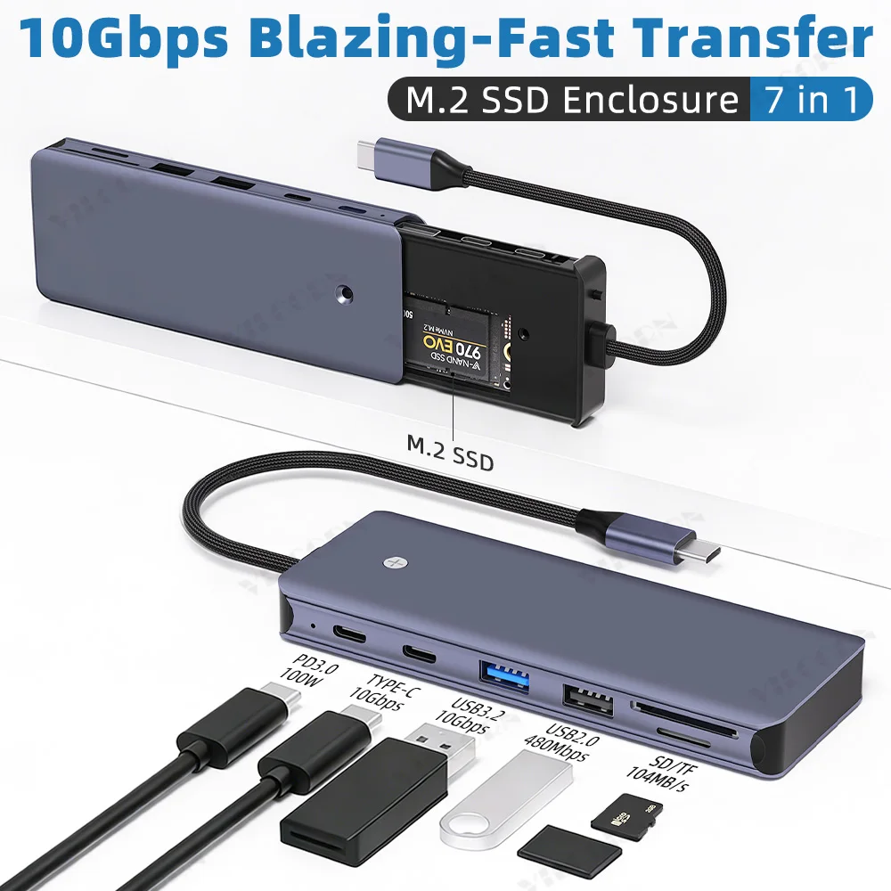 7in1 USB C Hub For MacBook Pro/Air,Type-C Docking Station with M.2 NVMe SSD Enclosure, PD 100W, Portable Data Hub for Laptop