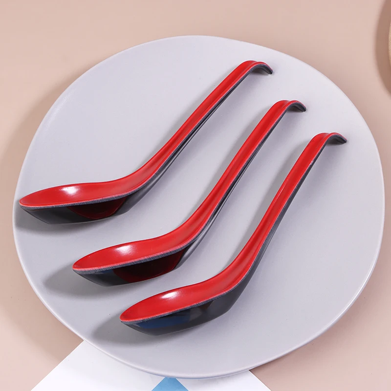 10Pcs Anti-Shock Melamine Porcelain Spoons Red & Black Dumpling Soup Spoon Kitchen Restaurant Bar Cutlery