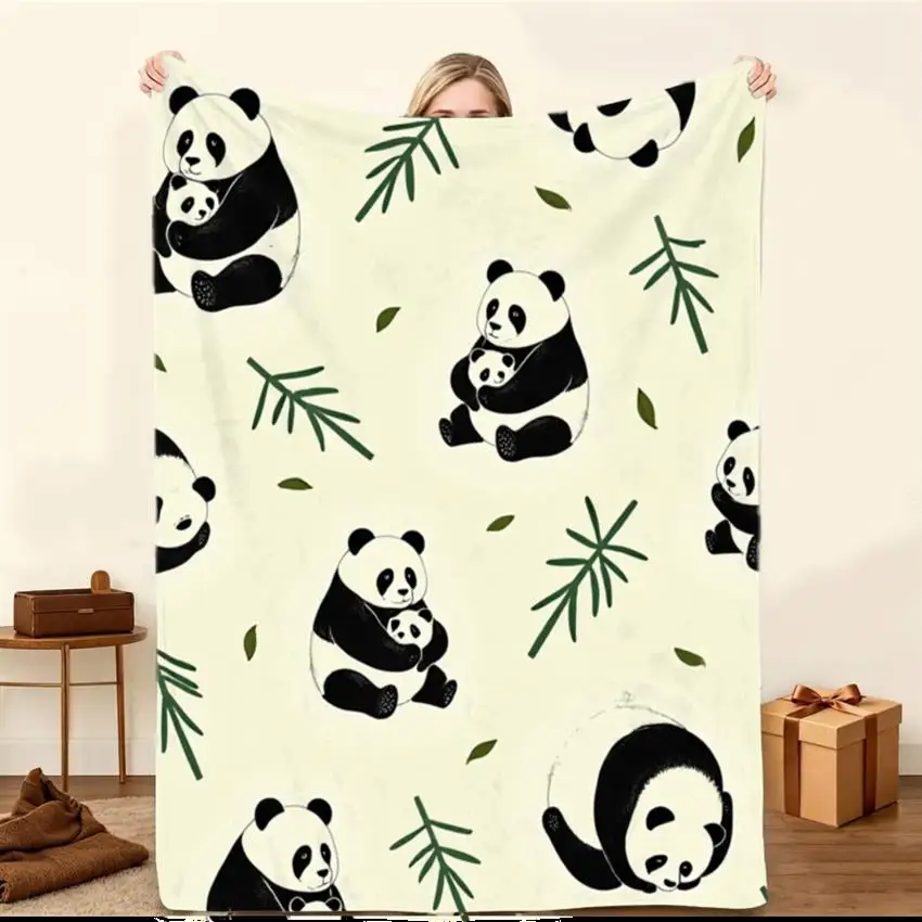 1pc Cozy Panda Print Flannel Blanket - Lightweight Soft Warm Throw for Sofa, Travel, Camping, Living Room, Office, And Chair, Featuring Cute Black And White Illustrations of Pandas with Bamboo on a Light Cream Background