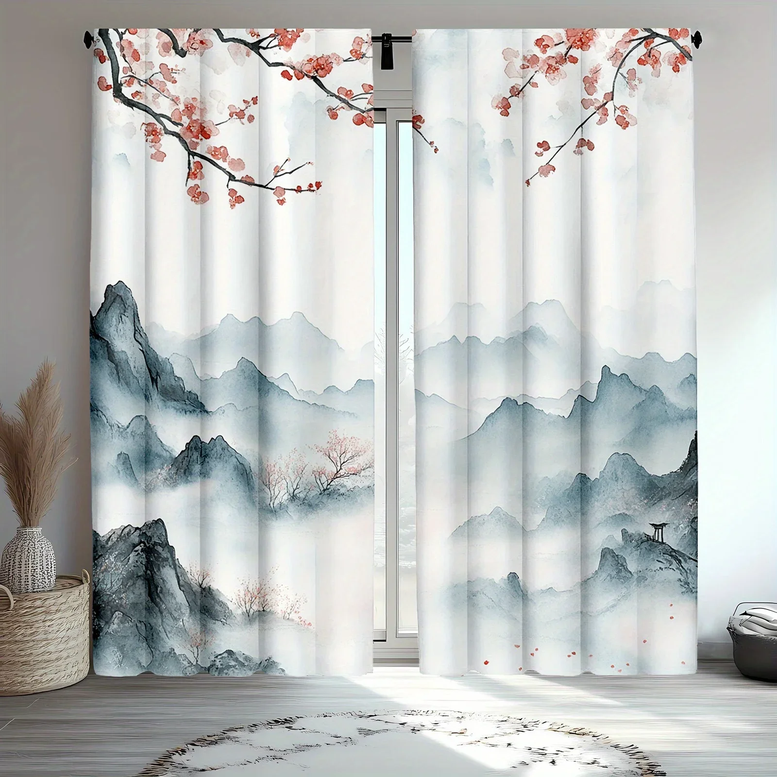Red Plum Blossom Mountain Scenery Print Drapes Room Darkening Window Curtains Home Decor,Rod Pocket Blackout Curtains Bedroom