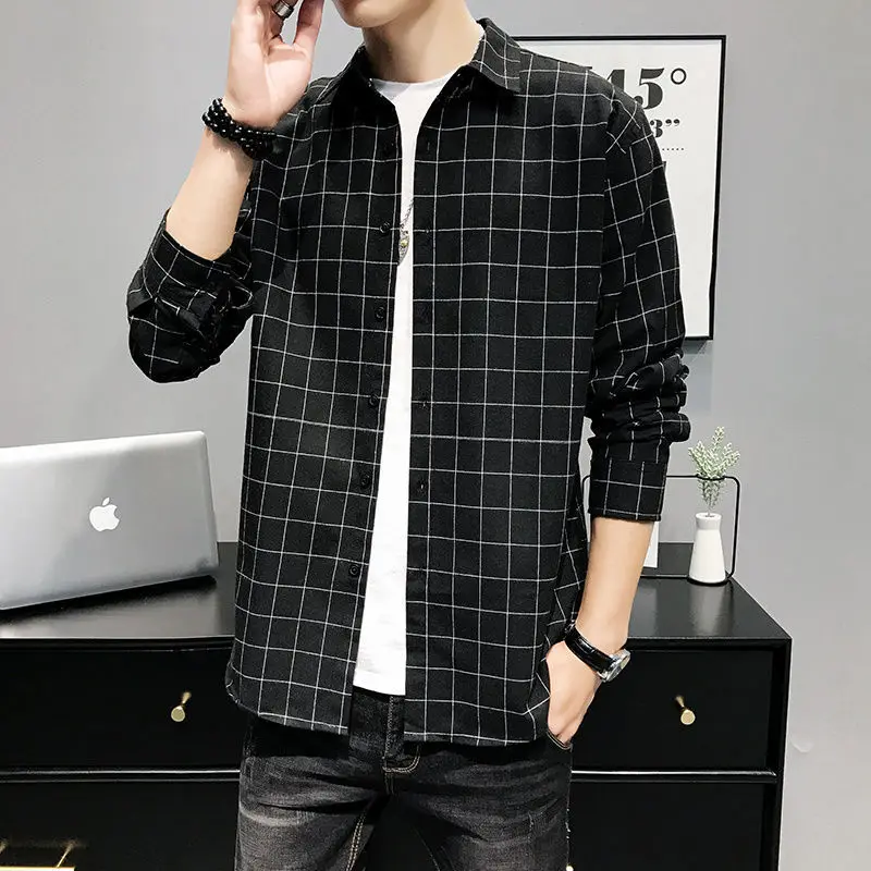 2023 Spring New Loose Oversized Men\'s Clothing Vintage Hong Kong Breeze Long Sleeve Lapel Plaid Printed Commute Simplicity Shirt