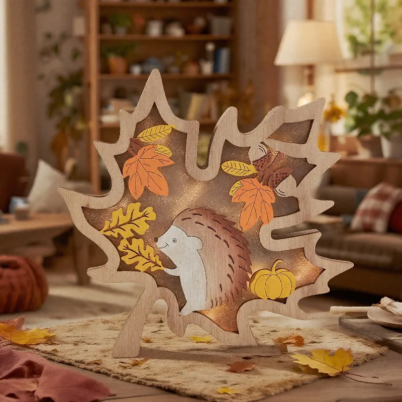 Autumn Wooden Carving Ornaments Farmhouse Rural Harvest Festival Pumpkin Maple Leaf Dining Table Wooden Crafts Ornaments