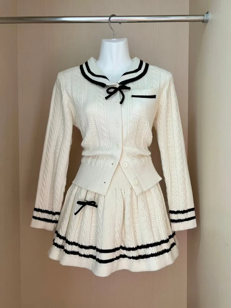 

Винтажный осенний новый вязаный комплект из 2 предметов, женский корейский модный короткий кардиган с кукольным воротником, милый повседневный эластичный короткий костюм