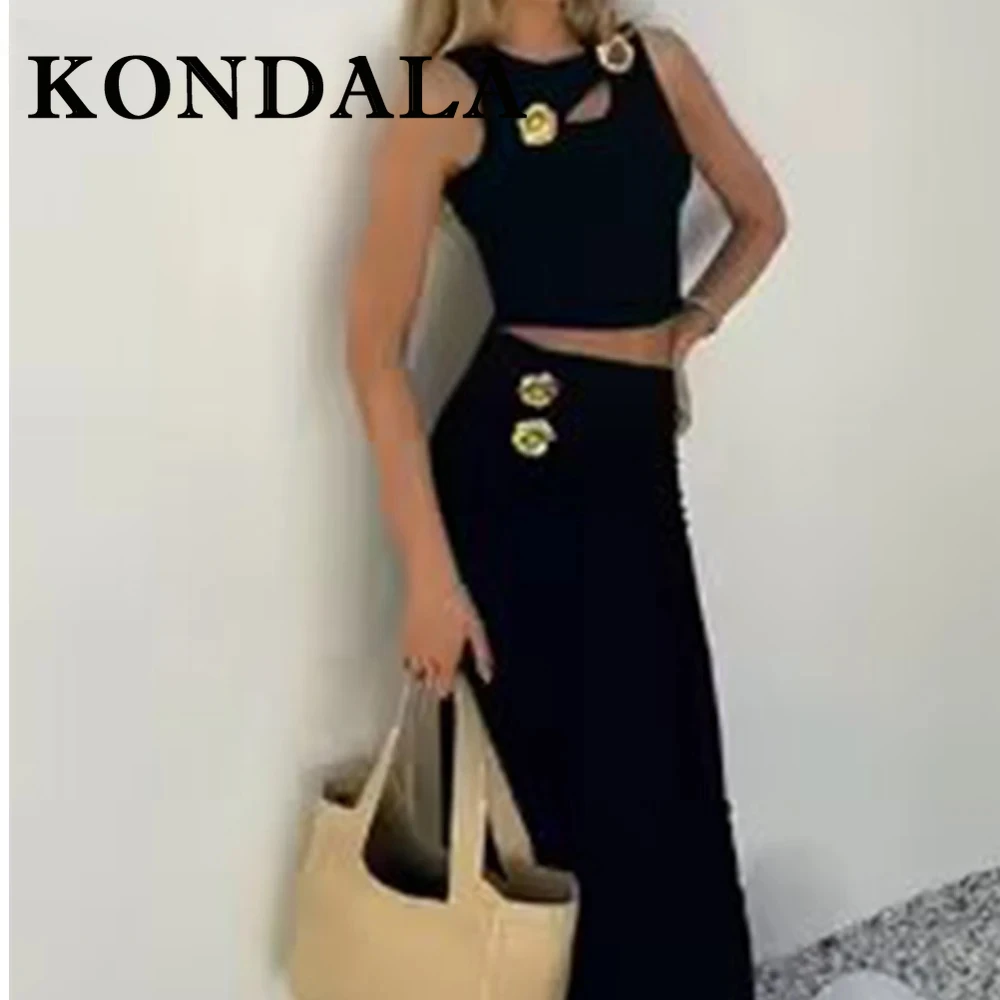 KONDALA Chic Club Solid Women Suit Sexy Tank Short Top Sheath Long Pleated Skirt Fashion 2025 Summer Golden Button Luxurious Set