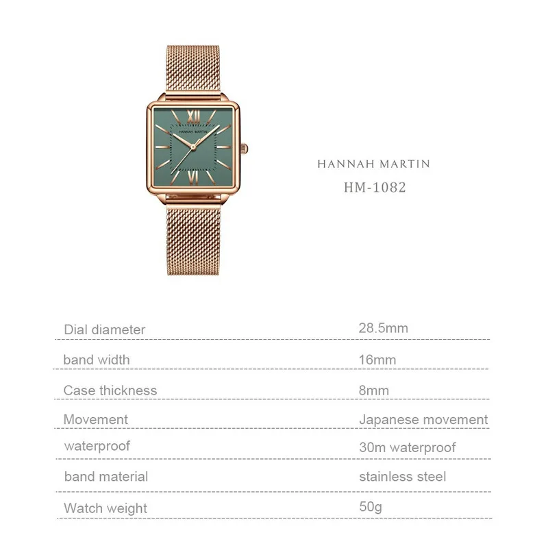 HANNAH MARTIN Watches for Women New Fashion Casual Japan Quartz Movement Green Dial Trend Steel Strap Women Watch Reloj Mujer