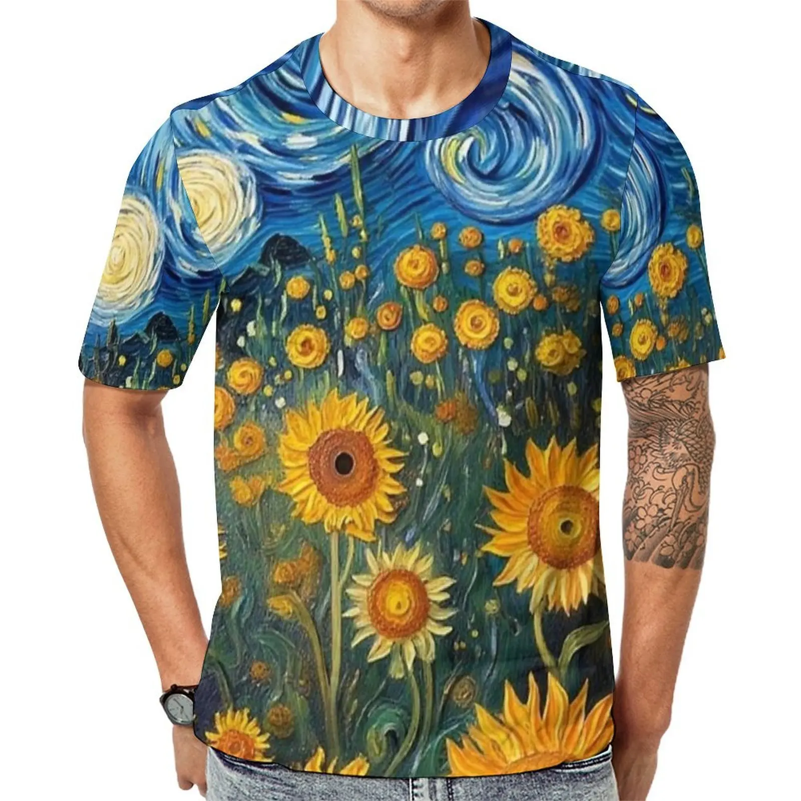 Starry Night Sunflower Print T-Shirt  Novelty T Shirts Male Awesome Tee Shirt Summer Short Sleeve Graphic Tees Big Size 5XL 6XL