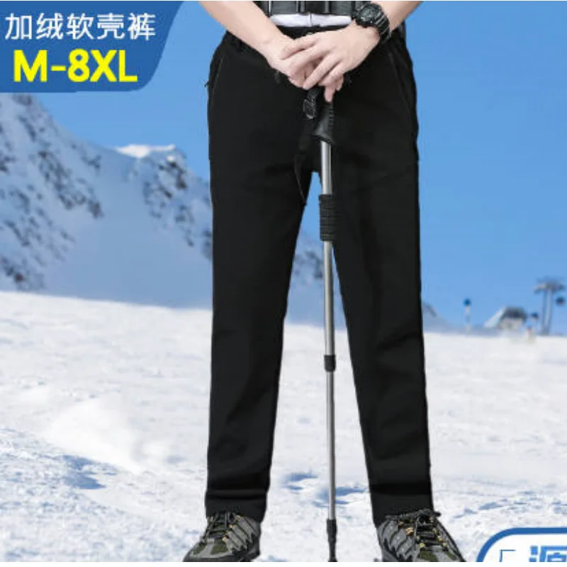 Men Snow Pants Winter Thick Plush Warm Windproof Waterproof Skiing Mountain Fishing Hiking Soft Shell Pants Outdoor Size M-8XL