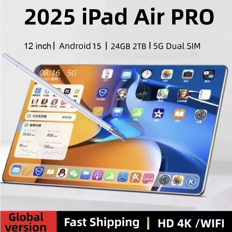 Tablet PC Original 2025 de 12 Pulgadas, Pad Air Pro, 20000mAh, Snapdragon 870, Android 15, 24GB RAM, 2TB ROM, 5G, Doble SIM, GPS, 5K, 4G, WIFI