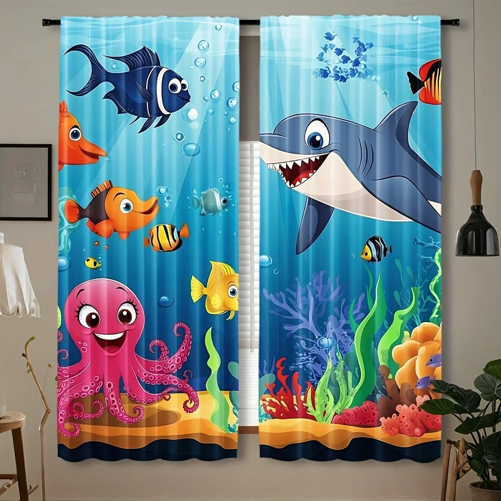 Cute Underwater Ocean Curtains Kids Tropical Sea Life Window Drapes Cartoon Beach Aquarium Shower Waterproof Nursery Decor