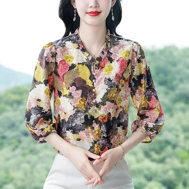 Chiffon Vintage Women's Shirt Summer Print Casual Women Blouses Loose Three Quarter Top V-neck Korean Version Clothing Sales