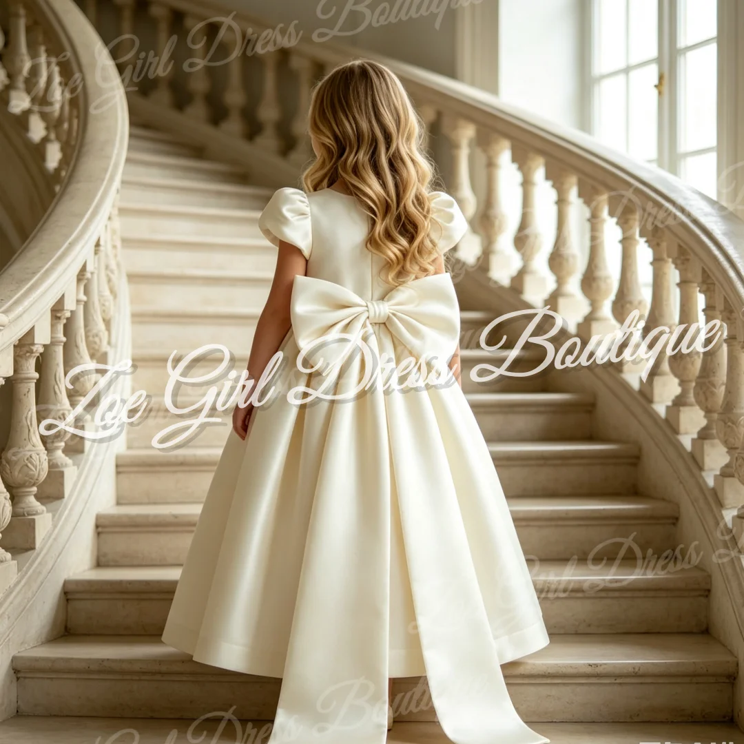 Ivory Satin Puff Sleeve Back Bow A-Line Flower Girl Dress for Wedding Kid Baptism Birthday First Holy Communion Gown Customize