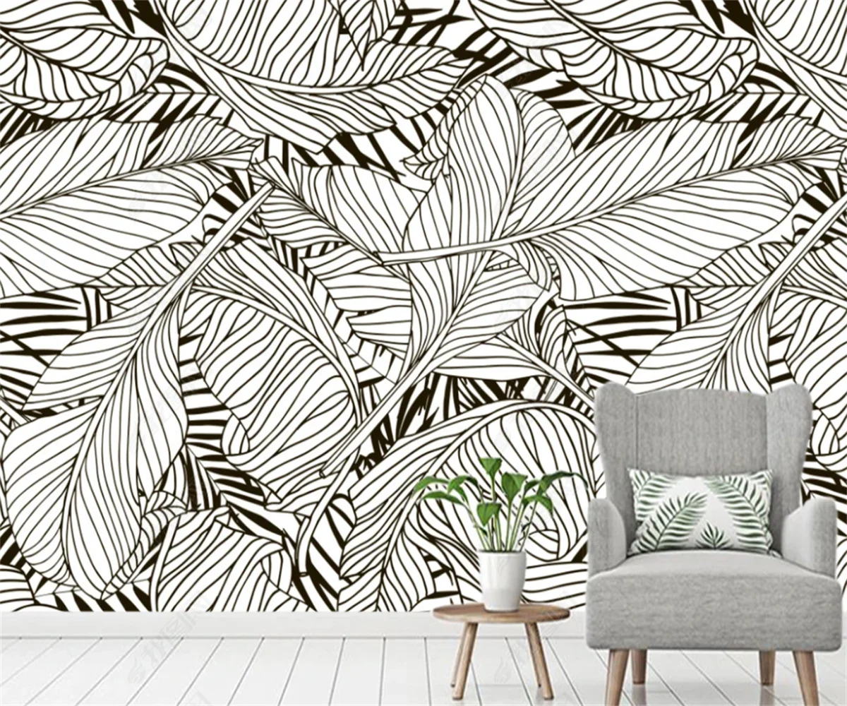 Custom Wallpaper Rainforest plants black and white leaves Floral background walls Mural home decor Self-adhesive 3d wallpaper