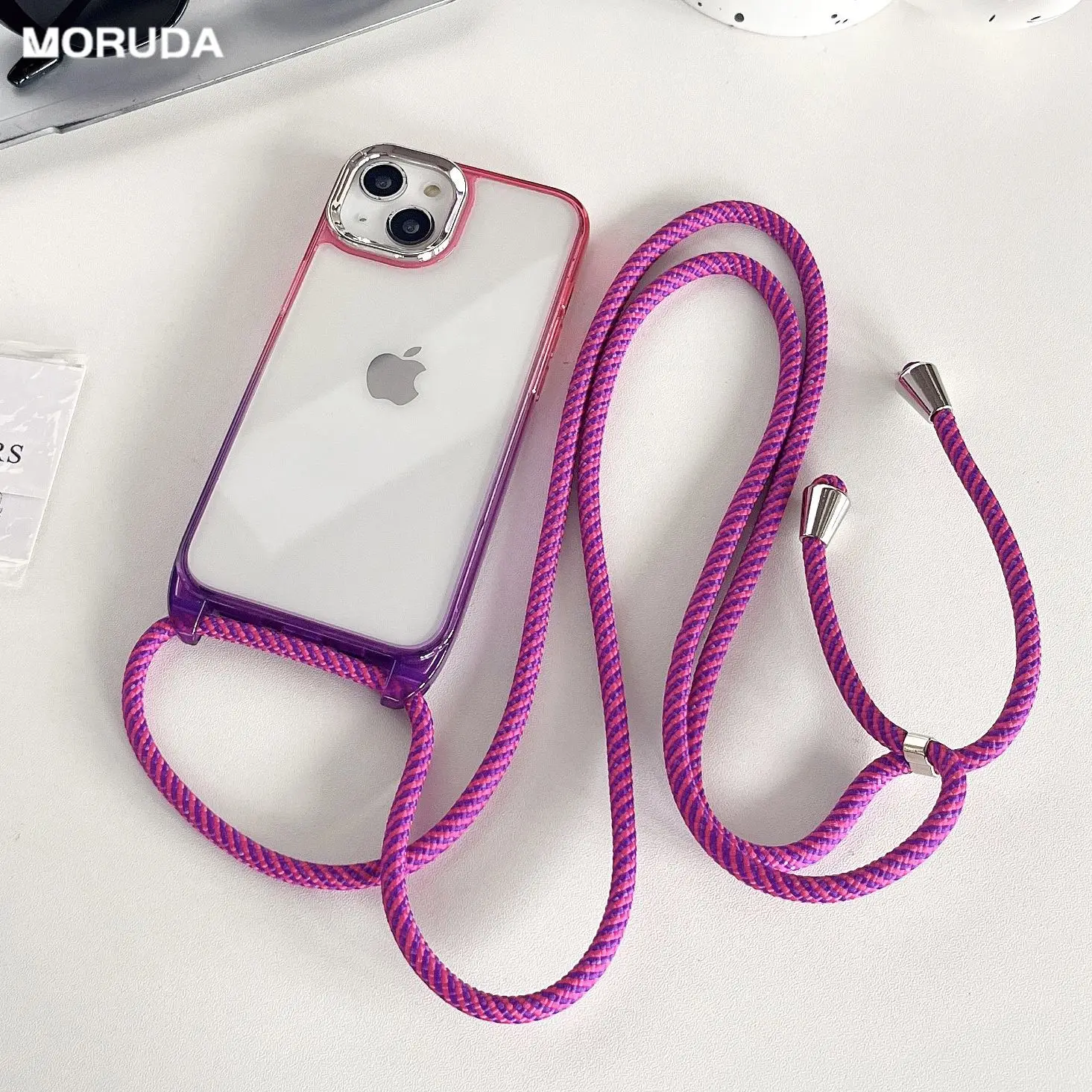 Clear Gradient Crossbody Strap Case For iPhone 14 11 13 12 15 Pro Max Adjustable Necklace Long Chain Contrasting Colors Cover