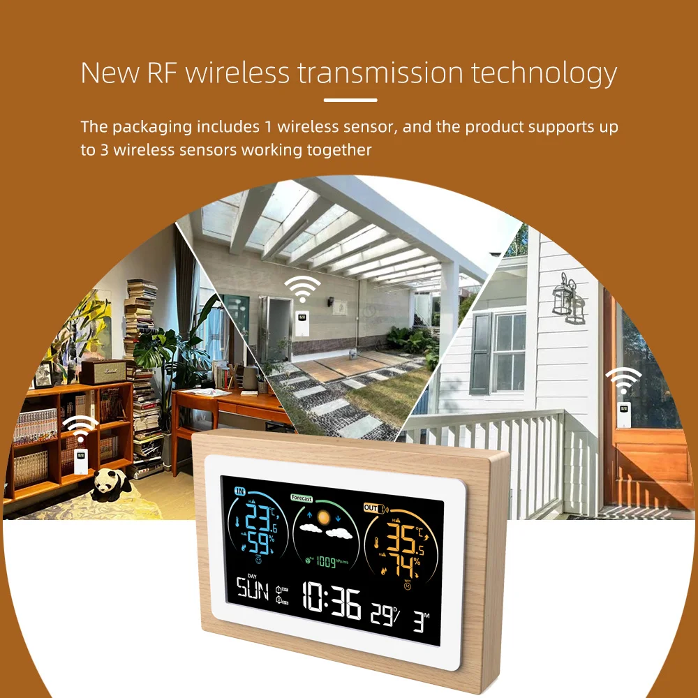 Cyfrowa stacja pogodowa z drewna w kolorze VA temperatura w domu wilgotność powietrza czujnik ciśnienia ścienny budziki bezprzewodowy czujnik