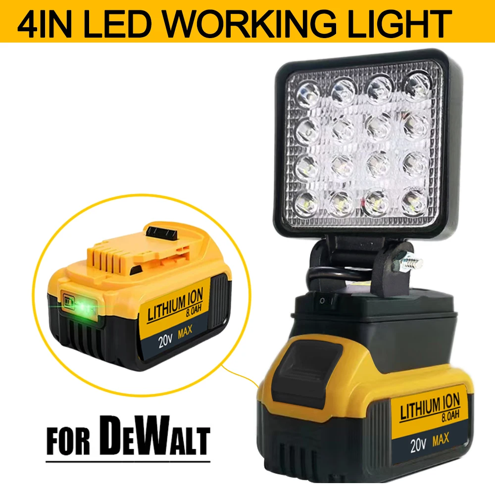 Projecteur LED portable pour usage extérieur, sans batterie, compatible Dewalt 18V.