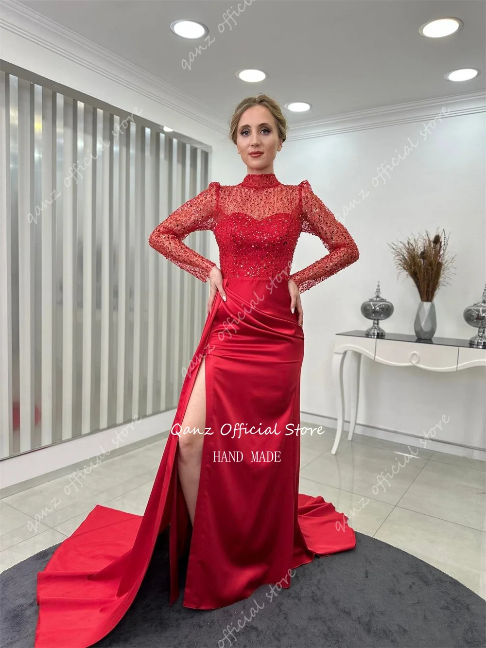 Qanz Emerald Green Evening Dresses Sequined Satin Dresses Women 2024 Long Sleeves Mermaid Leg Slit Prom Dresses Customized