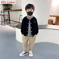 2024 Teens Boys Outfits Set Spring Autumn New Baby Black Single Breasted Knitted Coat+ Stripe Shirt+Khaki Pants 3pcs Casual Sets