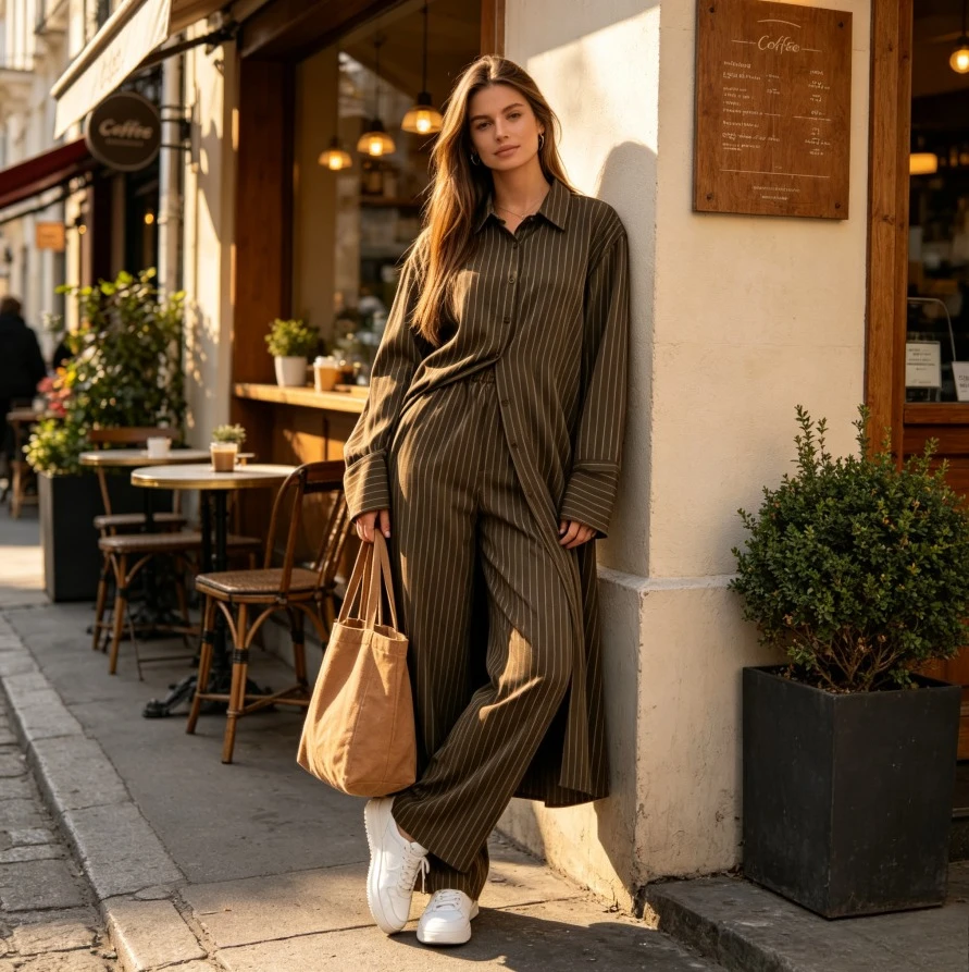 

Women 2 Piece Set Long Shirt Top Wide Leg Pants Dubai Islam Ramadan Casual Trousers Ensemble Eid Outfits Muslim Striped Suit