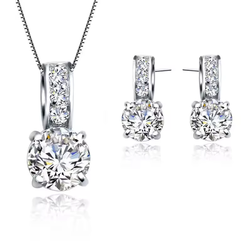 925 Sterling Silver Color Bridal Jewelry Set Classic Cubic Zircon Crystal Pendant Necklace Stud Earrings for Women Girls Gift