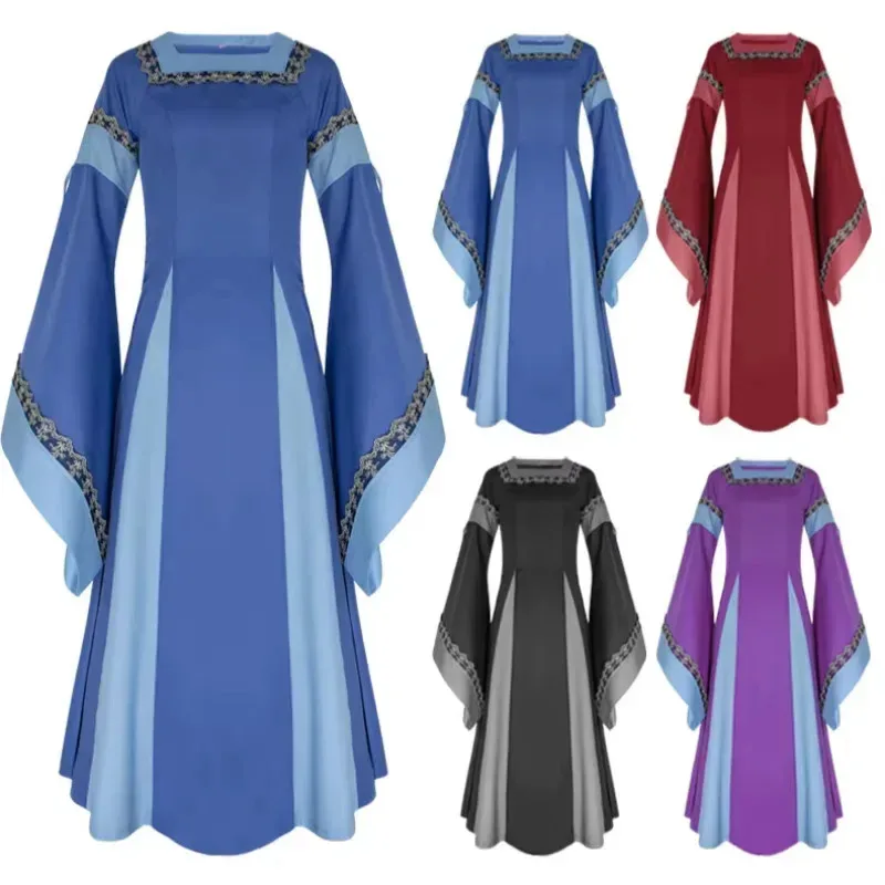 

Cosda@Retro Short Sleeve Dress with False Sleeves for Women, Medieval Renaissance Dress, Lace Trim, Dress