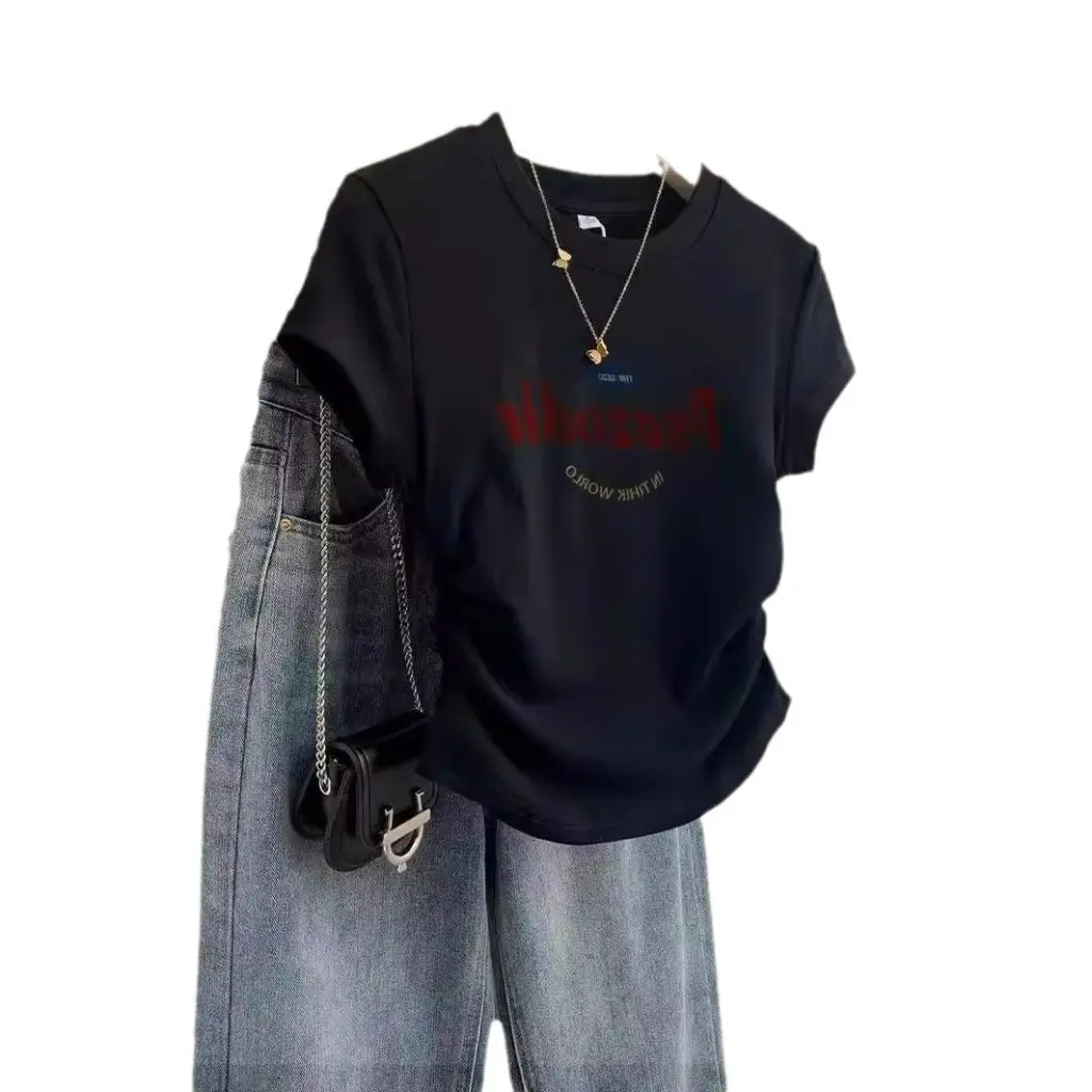 

Women's High-End Pleated Slimming T-shirt Summer New Style Shoulder Detail Short-Sleeved Casual Top