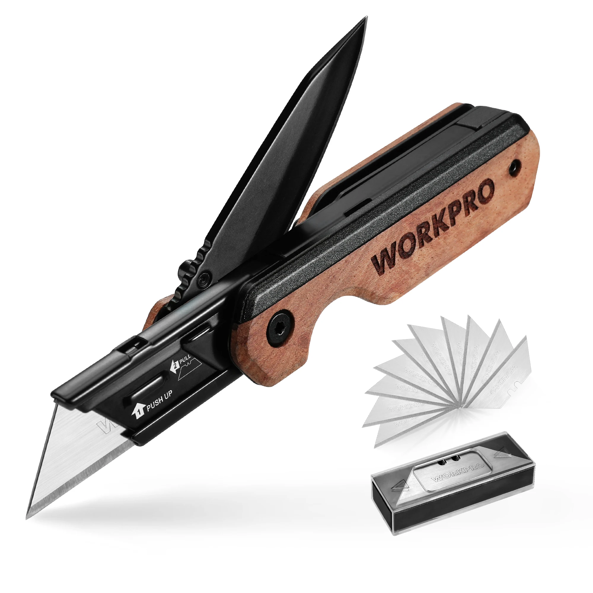 workpro faca utilitaria dobravel com cabo de madeira box cutter camping com 10 laminas substituiveis 01