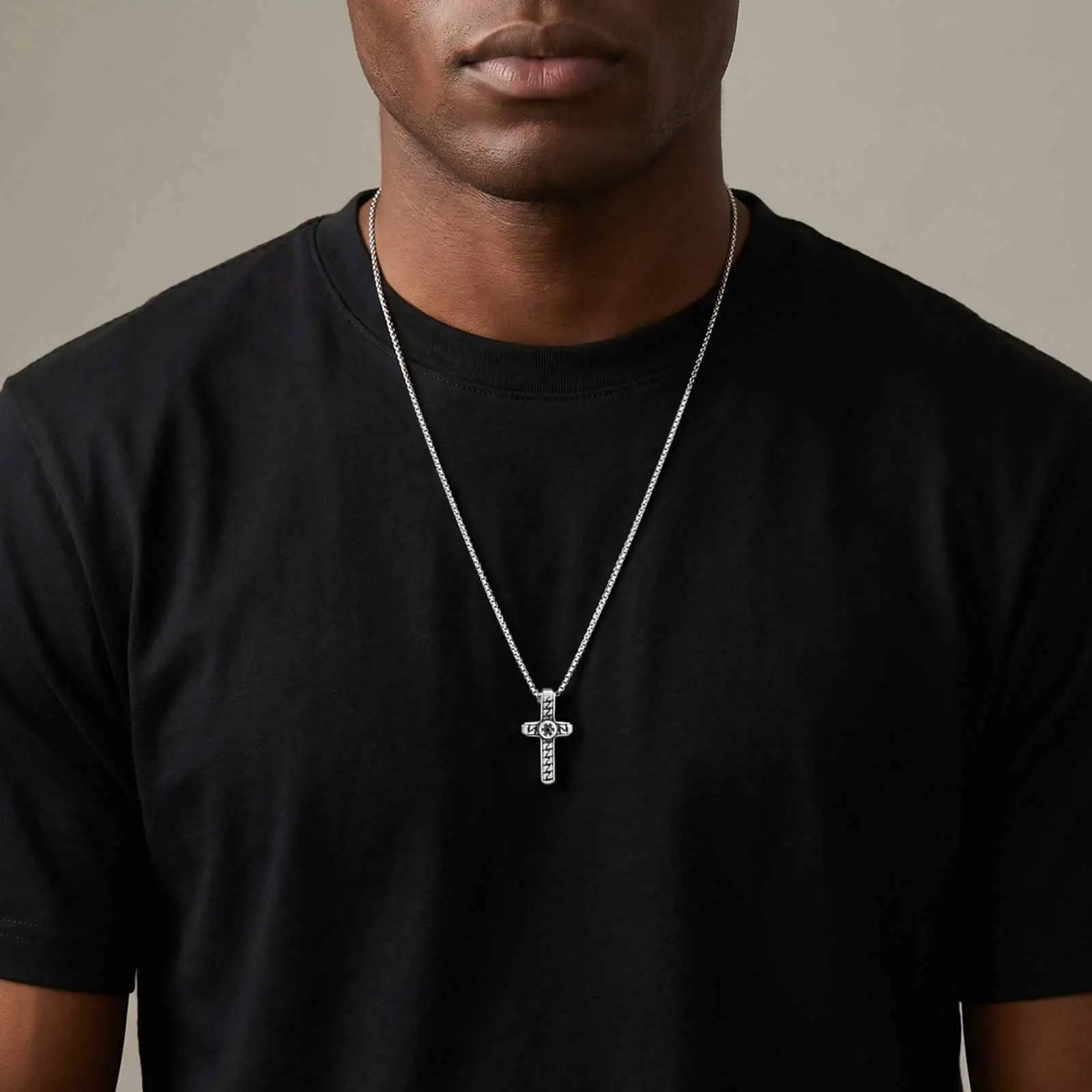 Vnox Vintage Textured Cross Pendant Necklace for Men, Stainless Steel Box Chain Christian Religious Jewelry Gift for Daily Wear