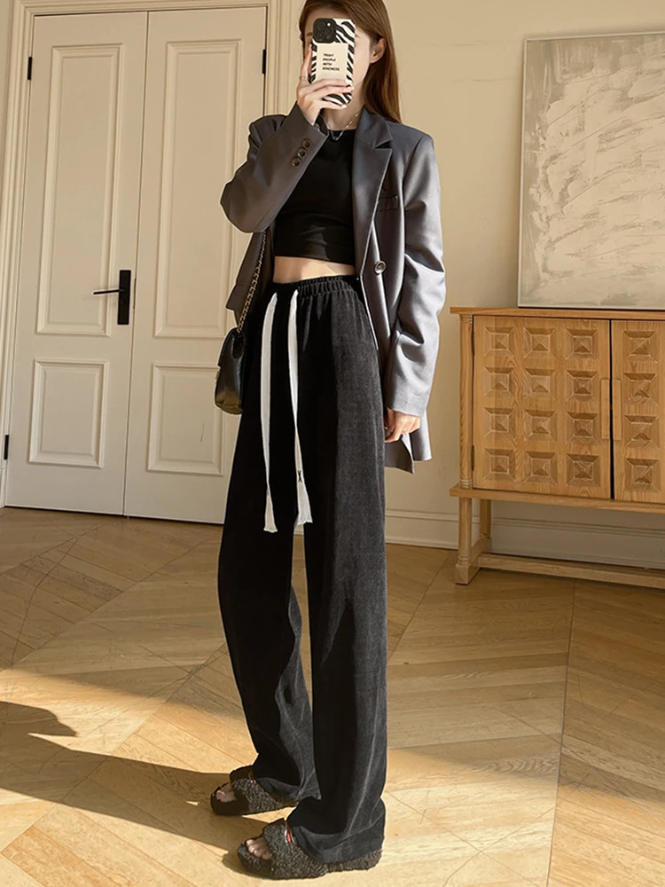 Pantaloni invernali a gamba larga foderati in pile addensato Pantaloni termici da donna con coulisse a vita alta Streetwear Pantaloni sportivi casual per tenere al caldo