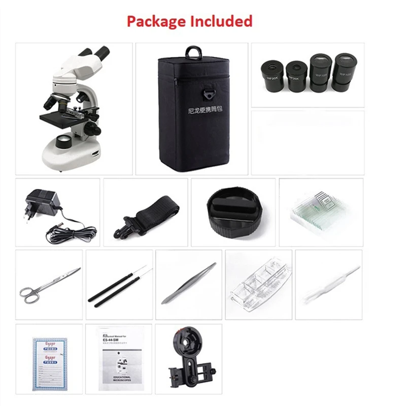 40X~1600X Microscópio Biológico Iluminado Óptico com Suporte Binóculo 360 °   Ferramentas de laboratório de microscópio de cabeça rotativa