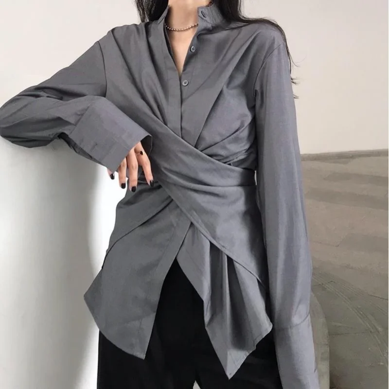 

High Street Irregular Loose Blouse Spring Autumn New Long Sleeve Solid Color All-match Shirt Tops Fashion Casual Women Clothing