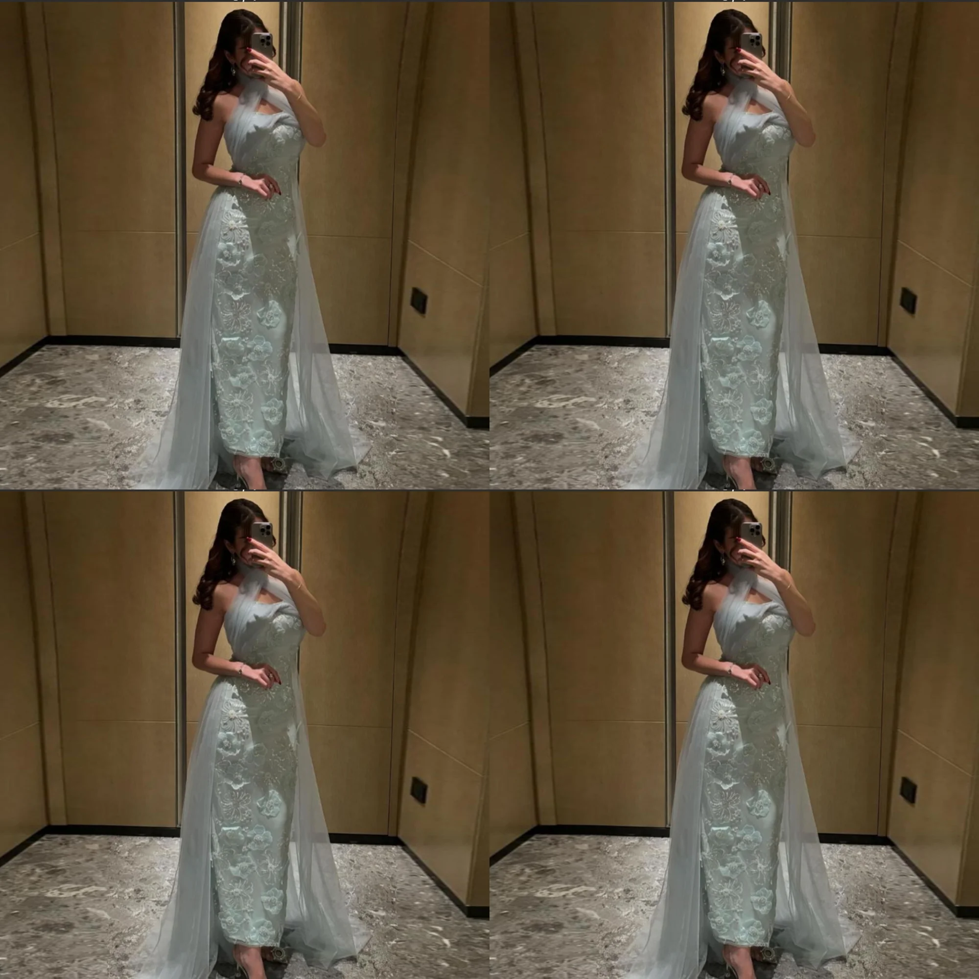 

Halter Satin 3D Floral Lace Sheath Ankle Length Saudi Dress Backless Elegant Sleeveless Evening Gown with Court Customized