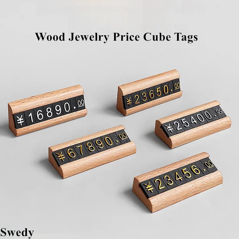 Wood Base Adjustable Number Price Label Sign Holder Display Stand Dollar Eur Symbol Mini Watch Jewelry Price Cube Tags