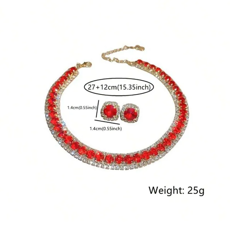 FYUAN Luxury Crystal Necklace Earrings Red Necklace for Women Weddings Party Jewelry Sets Accessories