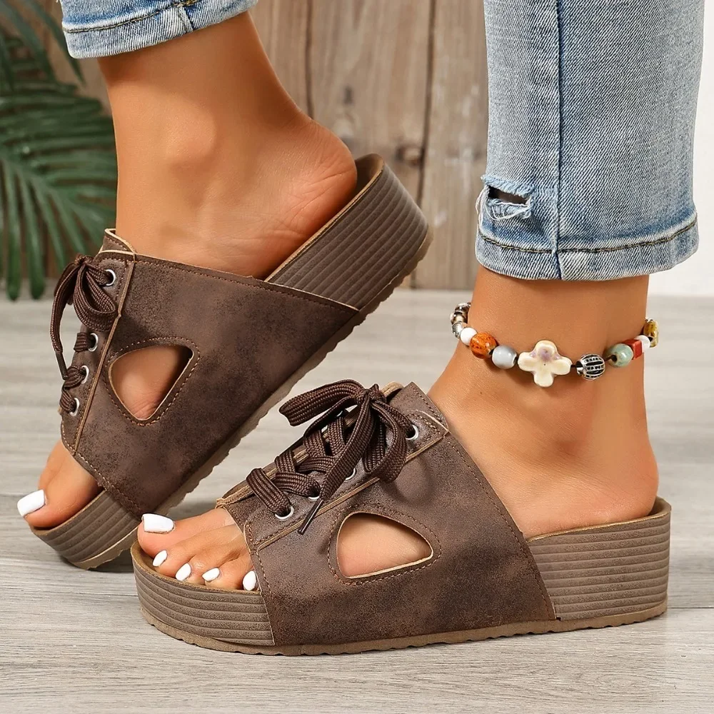 Women Vintage Distressed Wedge Slide Sandals Lace Up Cutout Open Toe Slip on Slippers Ladies Summer Casual Platform Slides