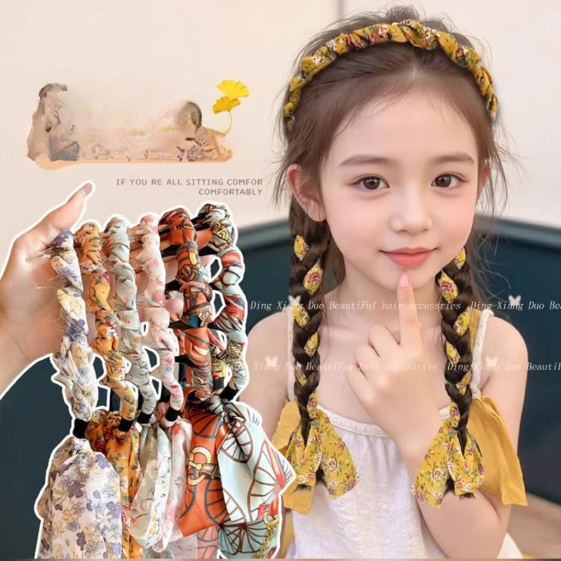 

Girls Floral Ribbon Wrap Headband - Non-Slip Elastic Hair Band, Soft No-Marks Braided Style Headwear for Kids Daily or Party