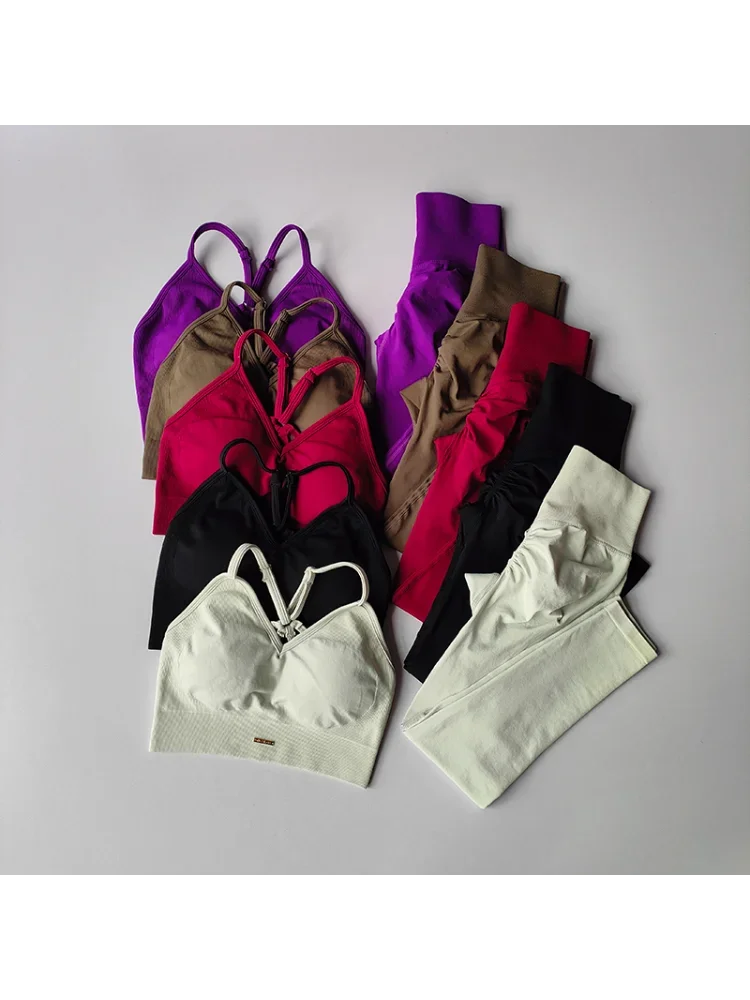 Sem costura hip levantamento conjunto de fitness feminino com decote em v sutiã leggings yoga