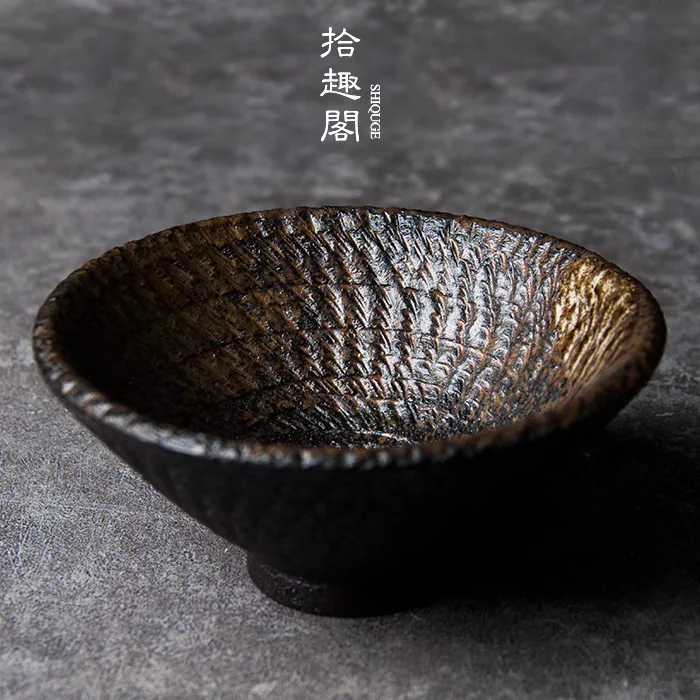 Handmade Rough Pottery Bamboo Hat Tea Cup, Earthenware Tasting Japanese Style Master Ceramic Bowl, Wood Fired