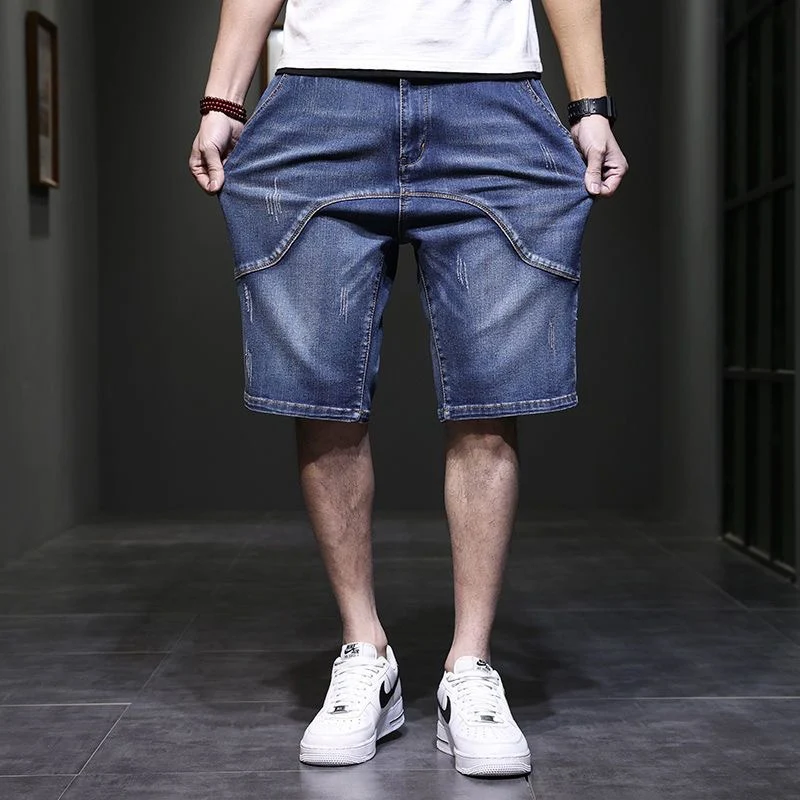 

2026 Summer Men Plus Size Loose Straight Leg Denim Short Pants Male Lightweight Breathable Jeans Fashion Spliced Casual Trousers