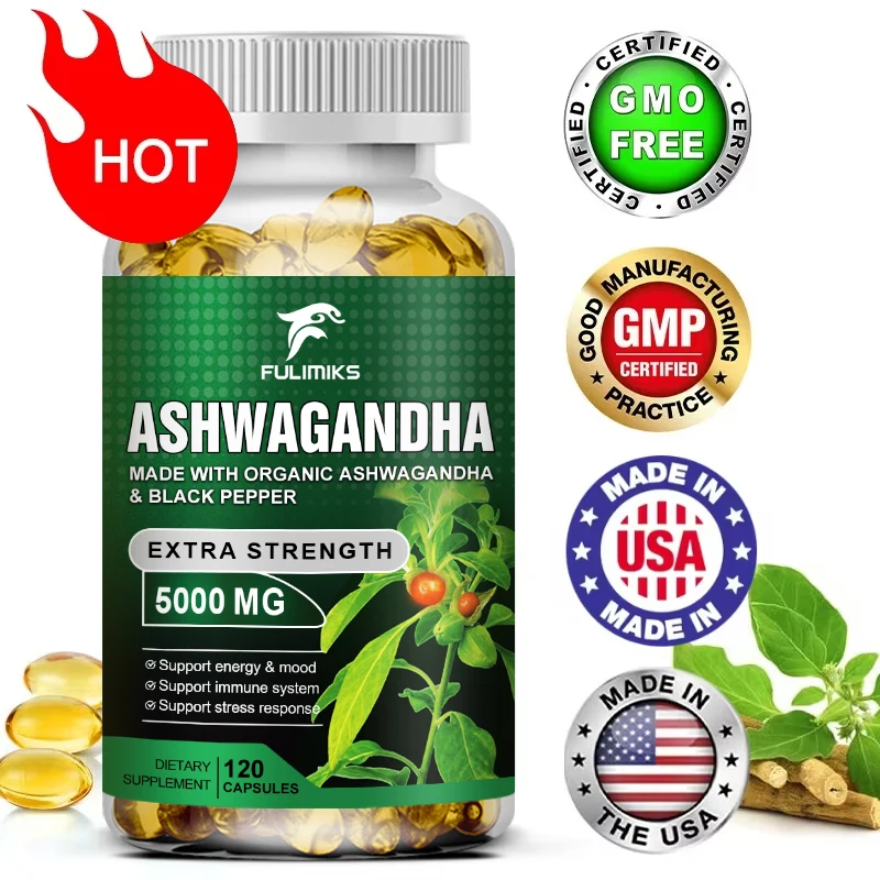 Fulimiks Pure KSM 66 Ashwagandha Root Extract Capsules 5000mg Supplement Help Stress, Focus, Brain, Energy Support Sleep Health