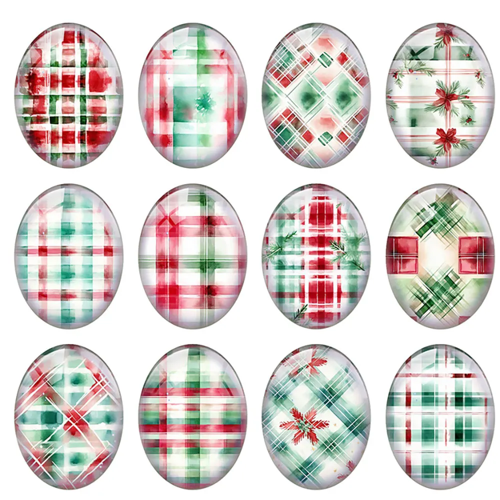 10pcs/lot Christmas X-mas Winter Green Red Plaid Oval Photo Glass Cabochon Charms Flatback Demo Cameo For Diy Jewelry Making