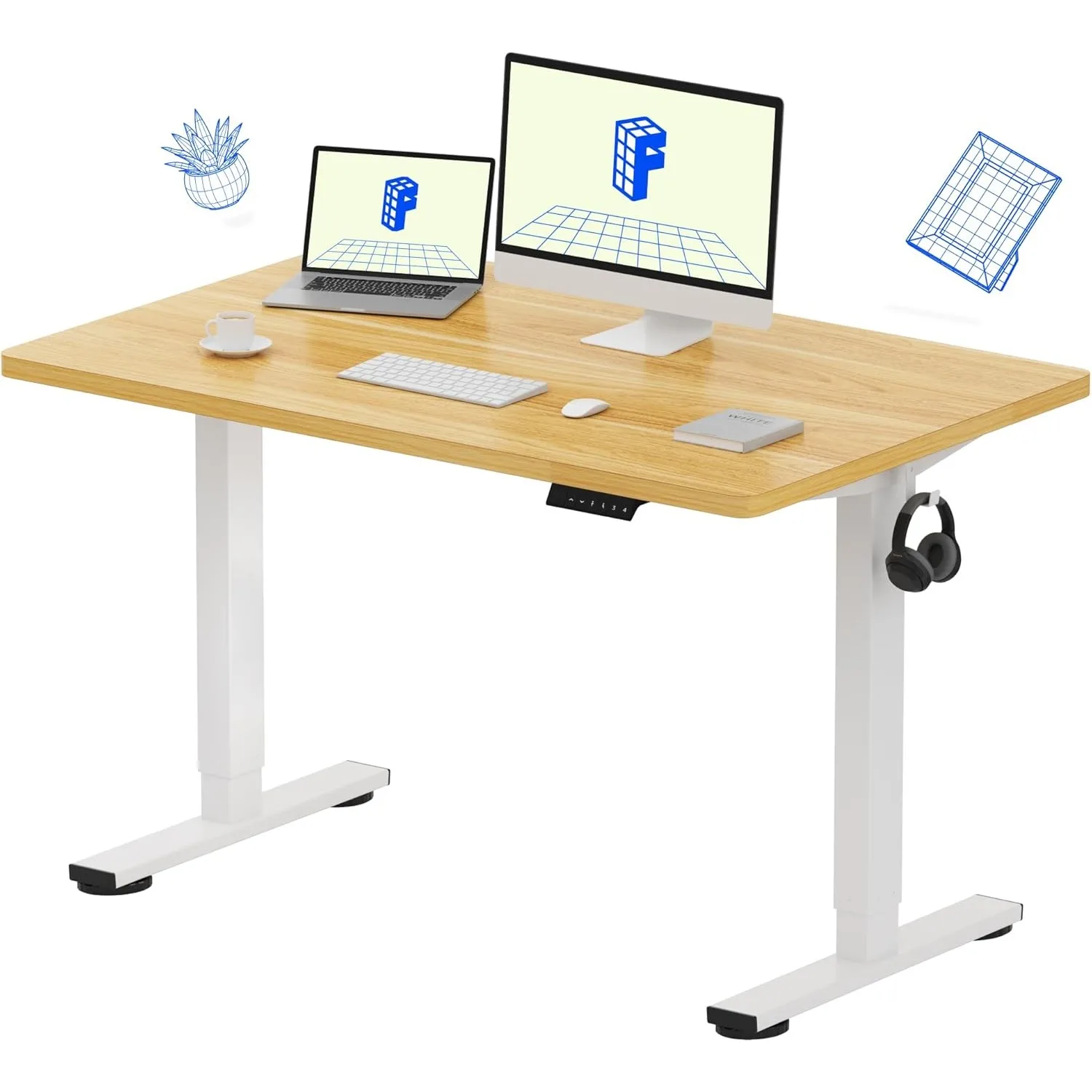 Integrated vertical office desk 48 x 30 inches electric height adjustable desk (white frame+maple tabletop, 2-piece set)