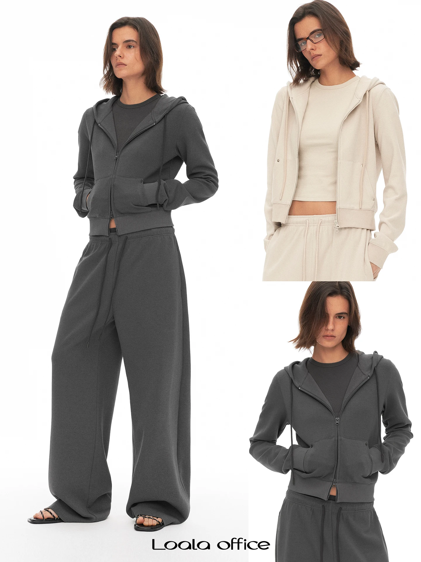 

Loala Office Soft Fleece Knitted Drawstring Double Zipper Hoodie Short Jacket Slim Fit Cotton Polyester Blend Women's Coat