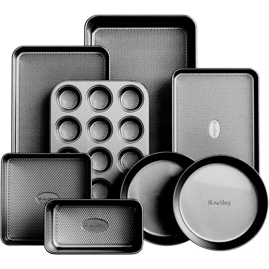 مجموعة مقالي الخبز غير اللاصقة مكونة من 8 قطع مجموعات أدوات خبز قابلة للتكديس مجموعة أواني الفرن غير سامة تتضمن ورقة خبز وعاء الكعك وعاء رغيف Pa