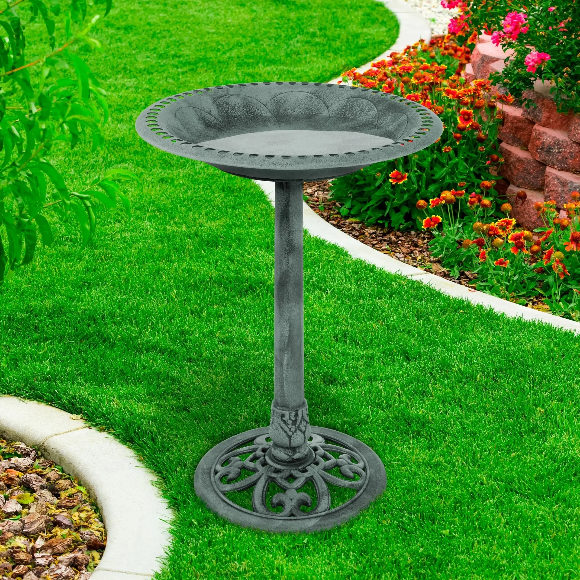 

Antique Bird Bath – 28.75” Weather-Resistant Pedestal Bowl with Stakes, Patina Green
